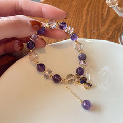 Natural Amethyst Bracelet Women's Light Luxury Wishing Lucky Cat Beaded Pendant Hand Chain Best Friend Bangles Jewelry Gift