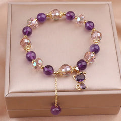 Natural Amethyst Bracelet Women's Light Luxury Wishing Lucky Cat Beaded Pendant Hand Chain Best Friend Bangles Jewelry Gift