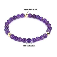 6mm Natural Amethyst Stone Bracelets Cute Beaded wrist Purple crystal Bracelet Copper Plated 14K Gold