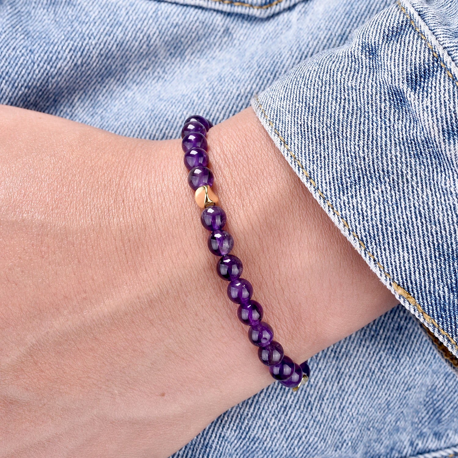 6mm Natural Amethyst Stone Bracelets Cute Beaded wrist Purple crystal Bracelet Copper Plated 14K Gold