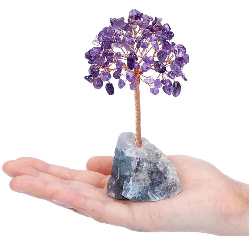 Amethyst Healing Crystals Stones Tree Wire Wrapped on Natural Agate Slice Base Home Desk Living Room Crystal Decor Mini Sized