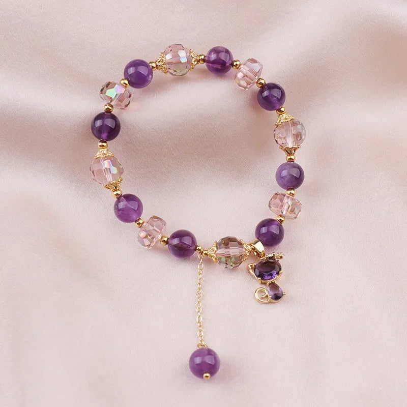 Natural Amethyst Bracelet  Women's Light Luxury Wishing Lucky Cat Beaded Pendant Hand Chain Best Friend Bangles Jewelry Gift
