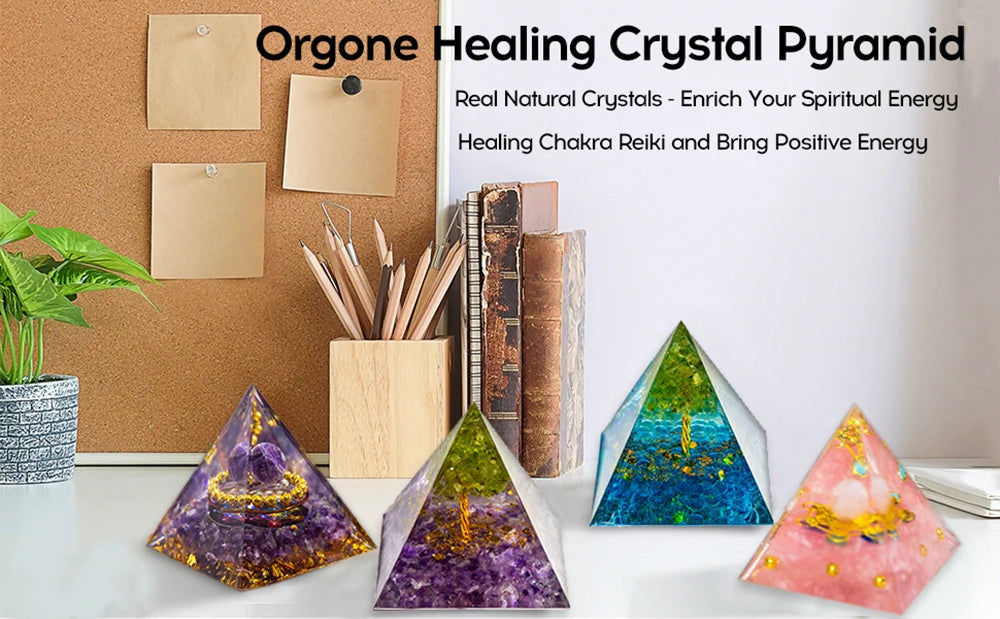 Natural Crystal Energy Generator Pyramid Peridot Amethyst Reiki Healing Chakra Resin Pyramid Egyptian Decor Room Decoration 1pc