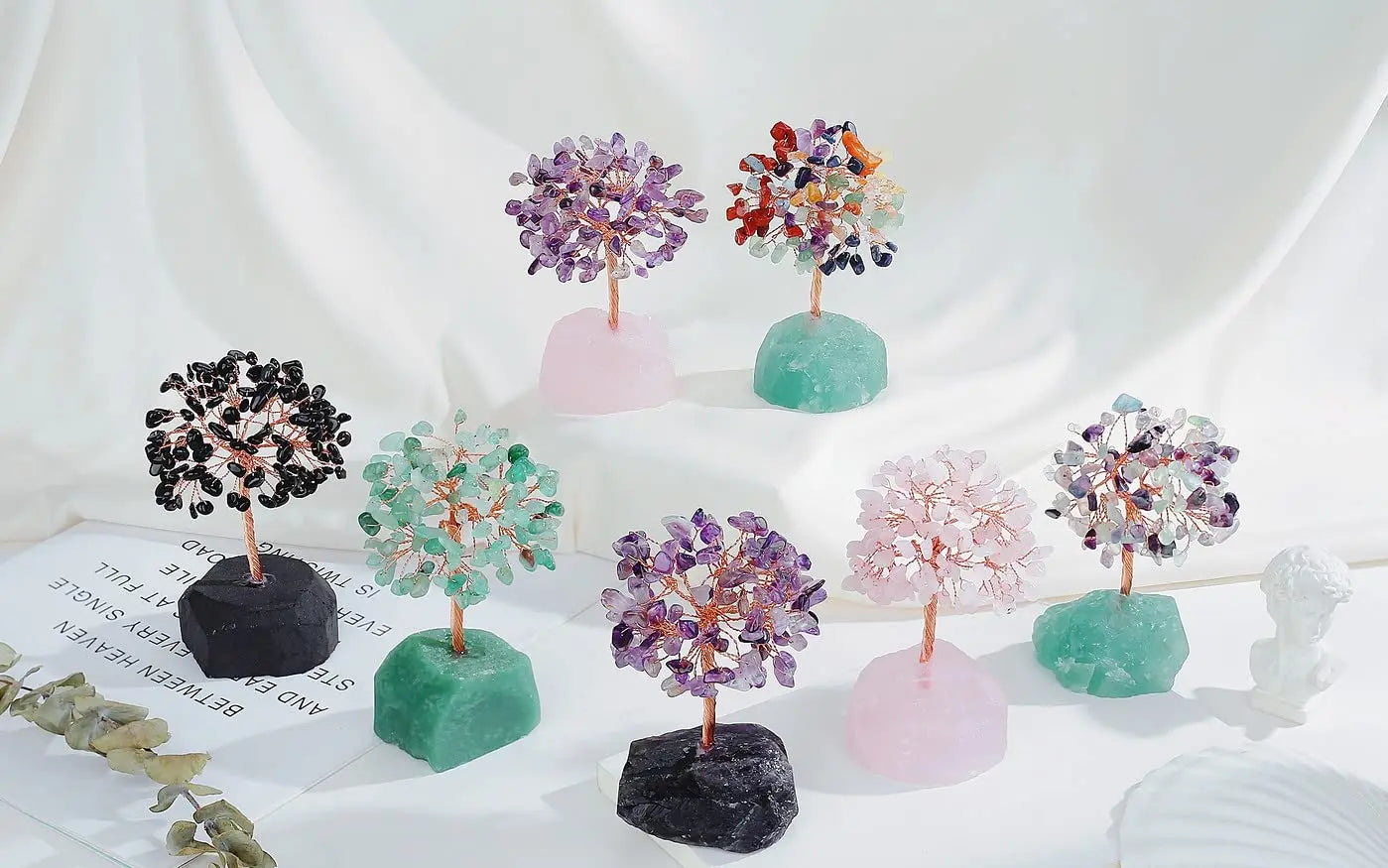 Amethyst Healing Crystals Stones Tree Wire Wrapped on Natural Agate Slice Base Home Desk Living Room Crystal Decor Mini Sized