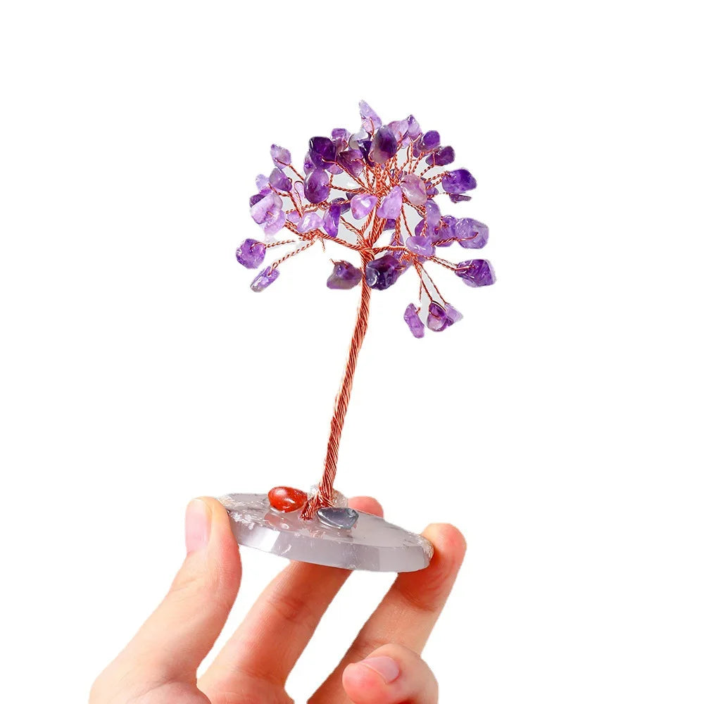 Amethyst Healing Crystals Stones Tree Wire Wrapped on Natural Agate Slice Base Home Desk Living Room Crystal Decor Mini Sized